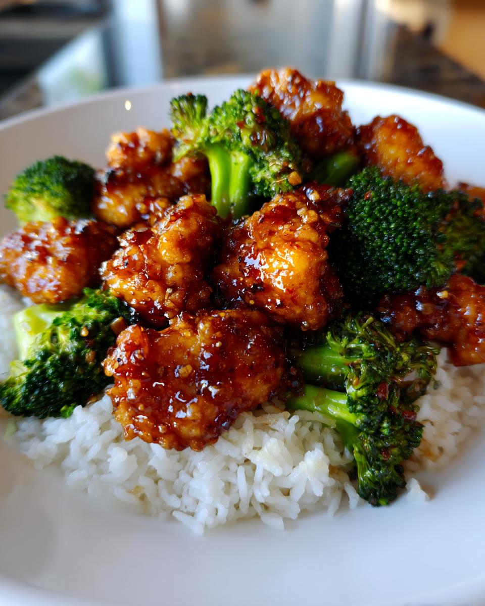 Close-up of sticky, glazed honey garlic chicken stir fry pieces mixed with bright green broccoli florets served over white rice.
