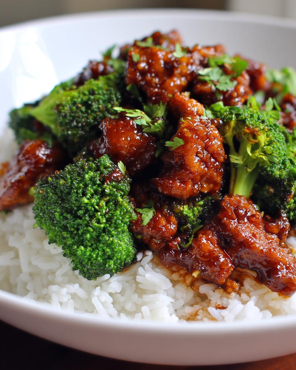 Close-up of honey garlic chicken stir fry pieces mixed with bright green broccoli florets, served over fluffy white rice.