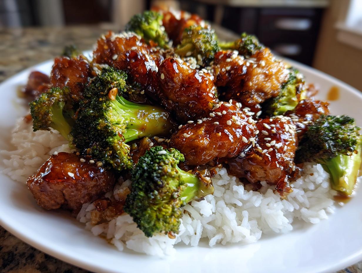 Close-up of delicious honey garlic chicken stir fry pieces mixed with bright green broccoli florets, served over fluffy white rice and sprinkled with sesame seeds.
