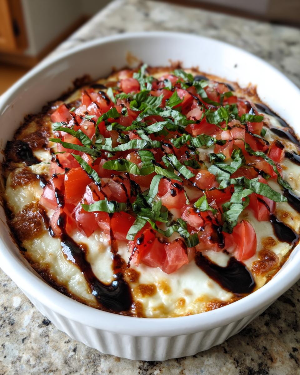 A hot, baked 3-cheese bruschetta dip topped with diced tomatoes, fresh basil, and balsamic glaze in a white dish.