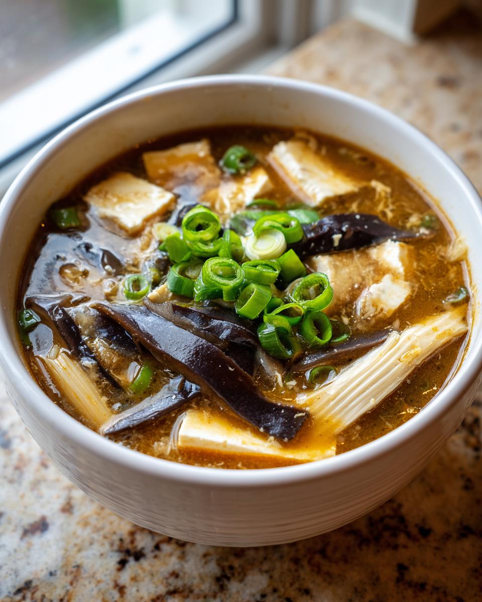 A close-up of a white bowl filled with rich, savory hot and sour soup recipe, featuring tofu, dark wood ear mushrooms, and fresh green onions.