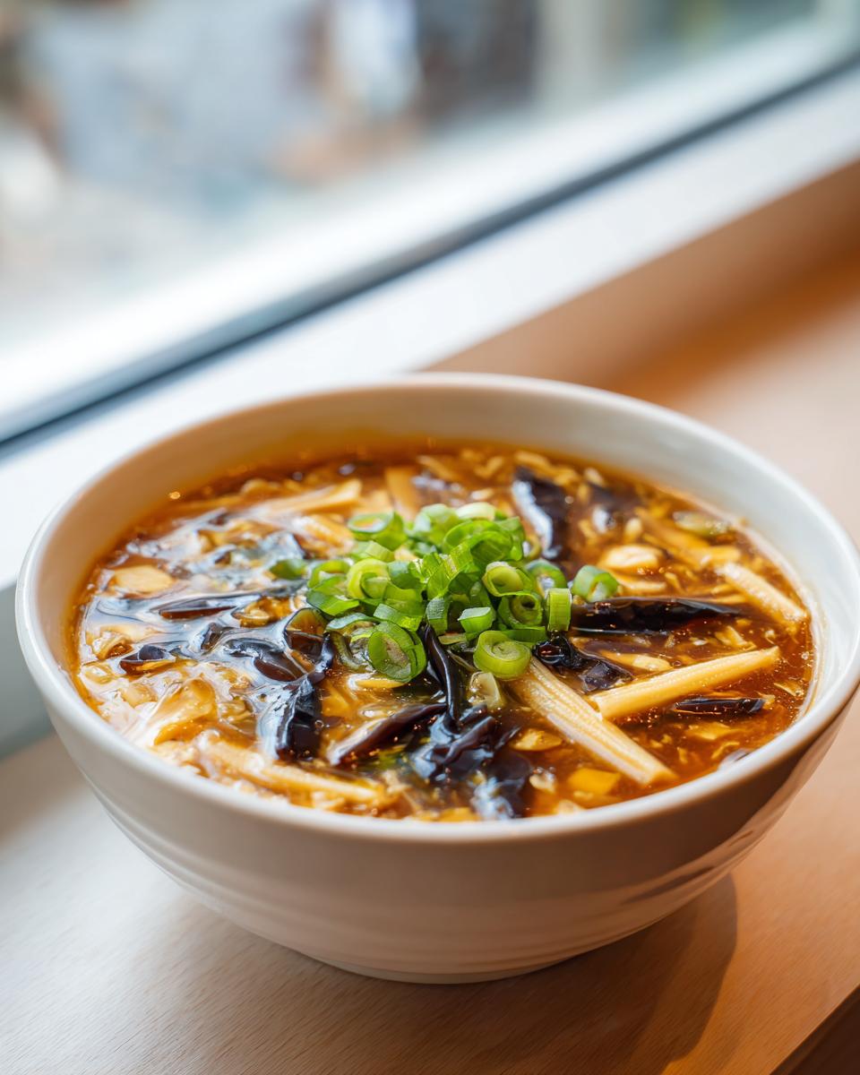 A white bowl filled with steaming hot and sour soup recipe, topped with fresh green scallions.