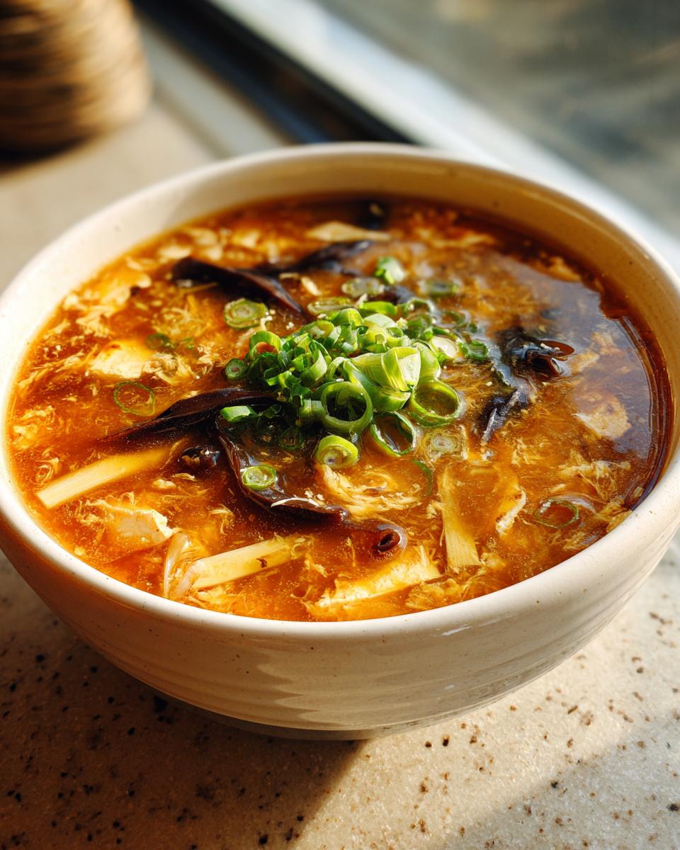 A close-up of a bowl filled with rich, orange-colored hot and sour soup recipe, topped with scallions.