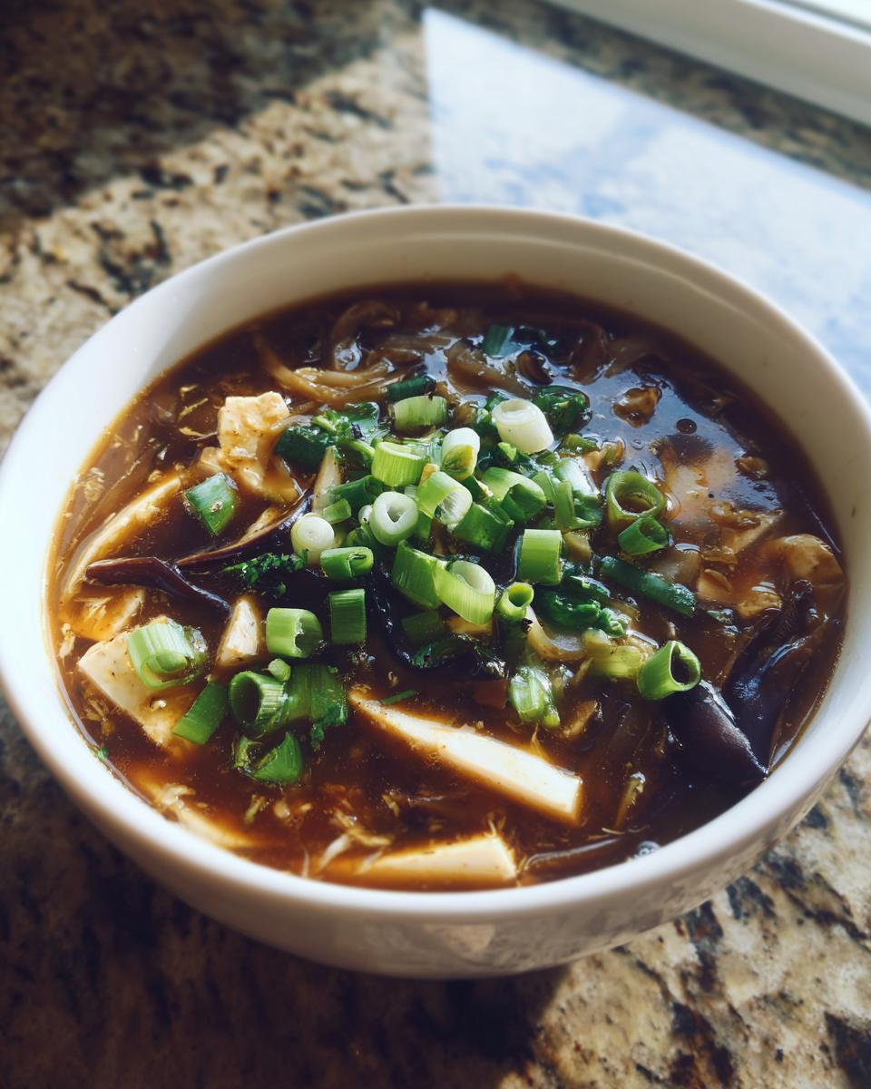 A close-up of a steaming bowl of hot and sour soup recipe, topped with fresh green onions and tofu chunks.