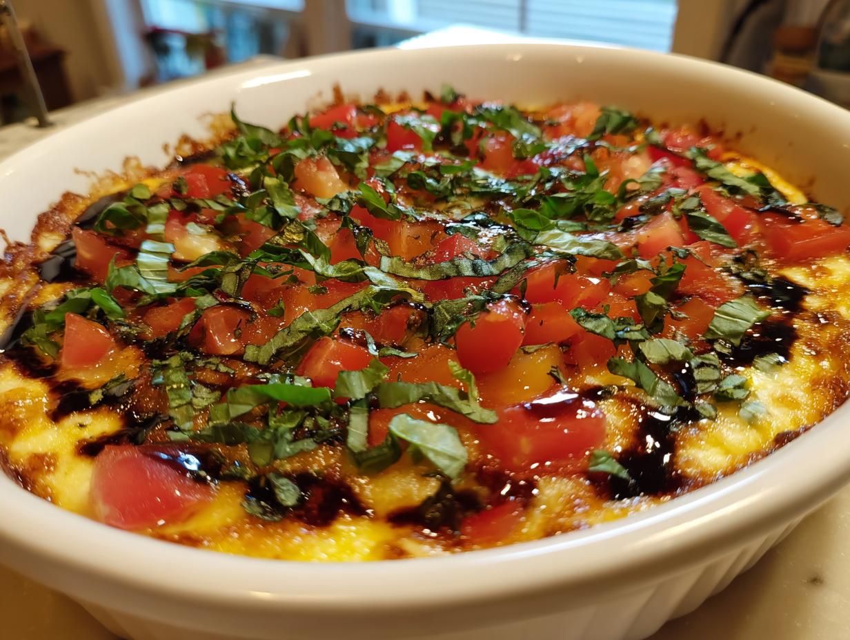 Close-up of a hot, baked 3-cheese bruschetta dip topped with diced tomatoes, fresh basil, and balsamic glaze.