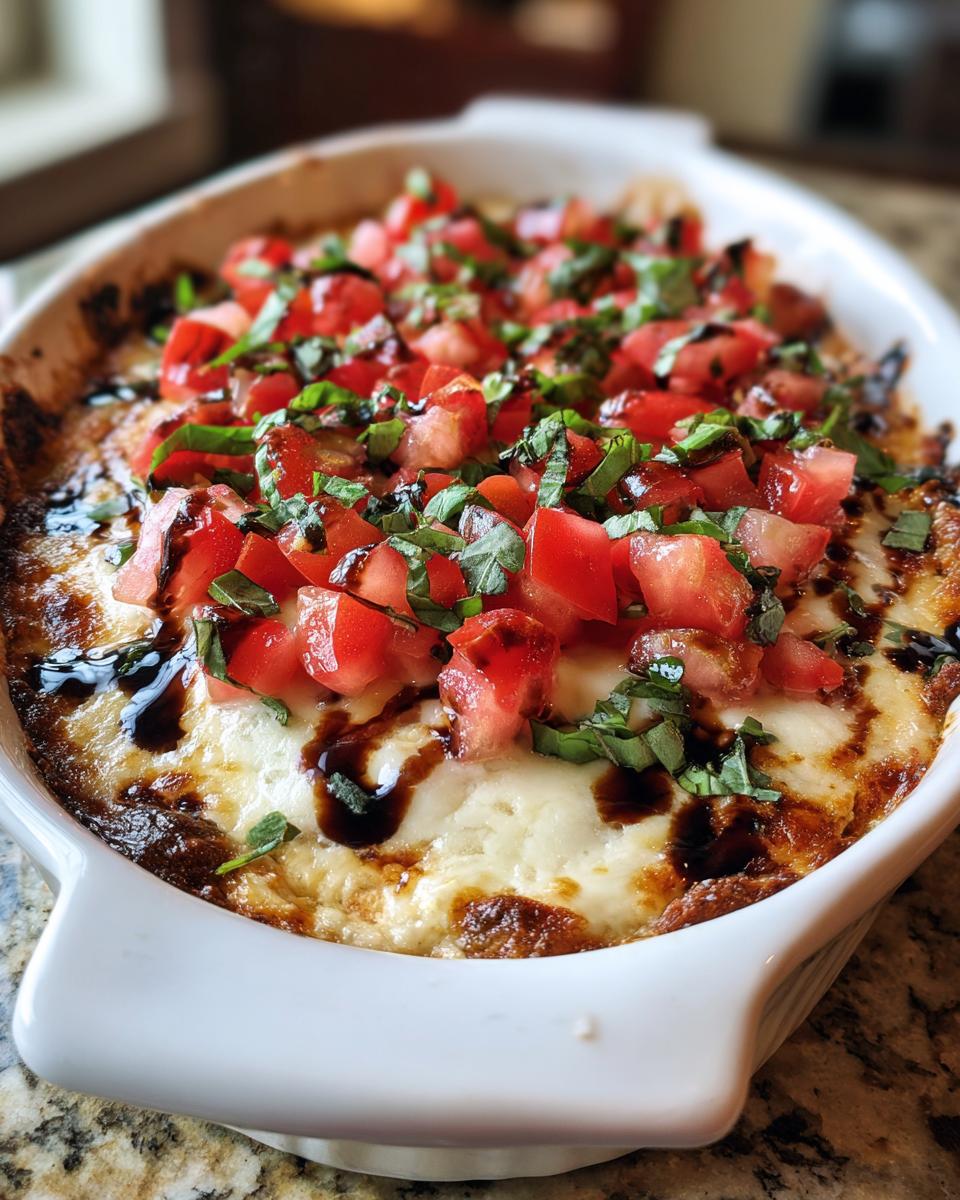Close-up of hot, baked 3-cheese bruschetta dip topped with fresh diced tomatoes, basil, and balsamic glaze.