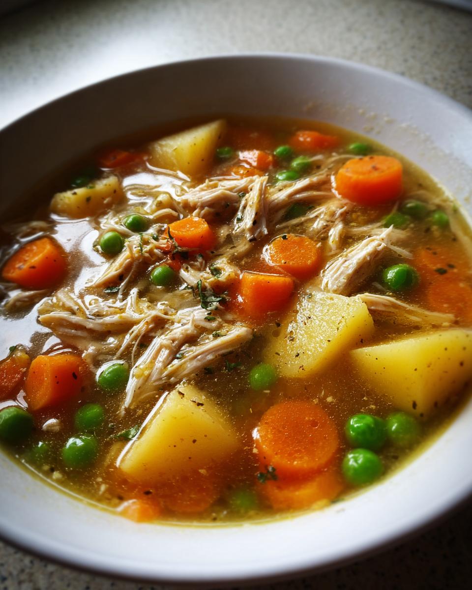 Close-up of a bowl of hot chicken vegetable soup featuring shredded chicken, carrots, potatoes, and peas in broth.