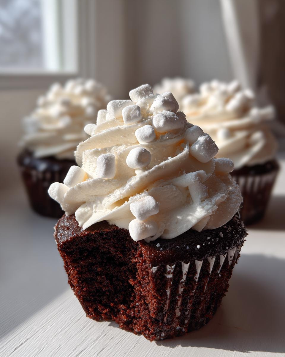 Close-up of a rich, dark chocolate hot chocolate cupcake with a bite taken out, topped with white frosting and mini marshmallows.