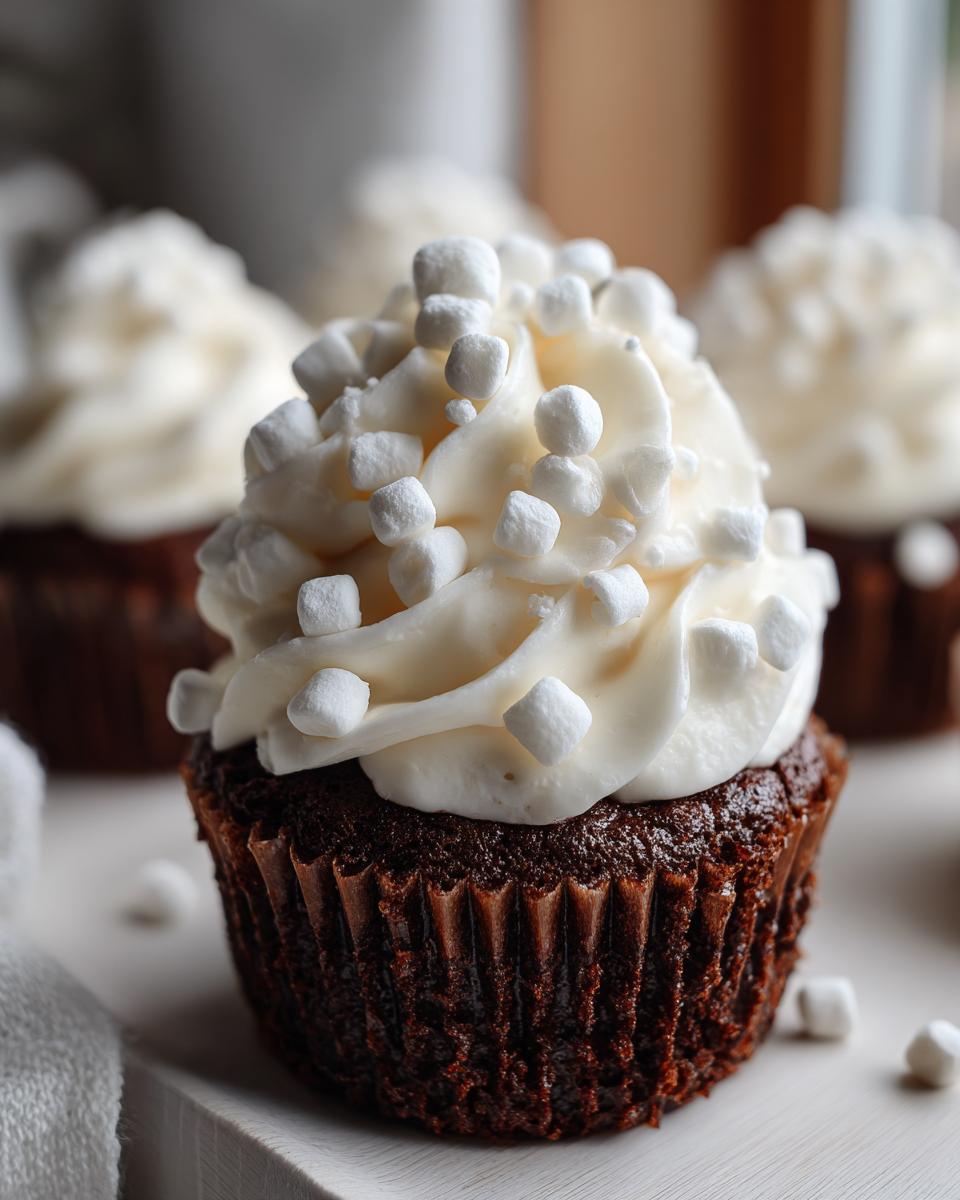 Close-up of a rich chocolate hot chocolate cupcakes topped with white frosting and mini marshmallows.
