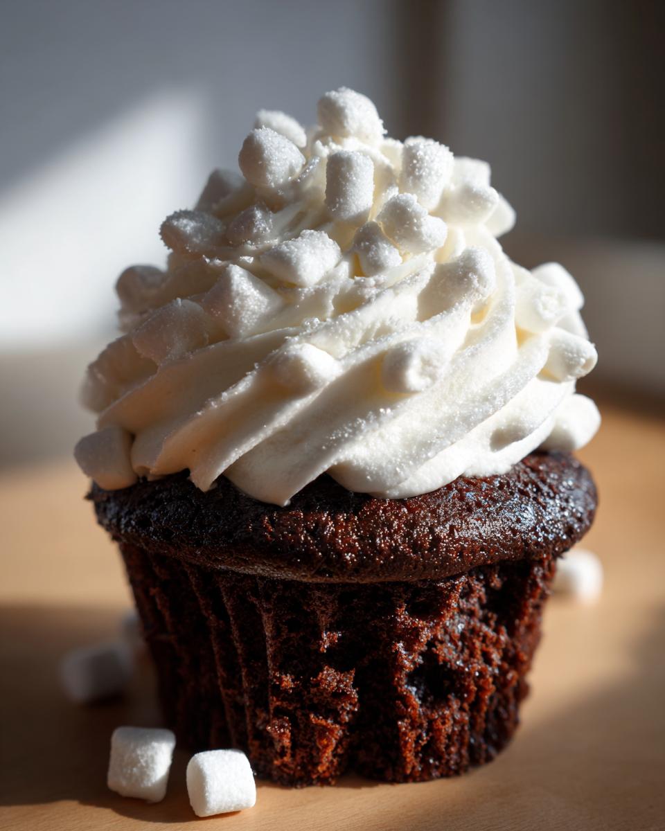 Close-up of a rich, dark chocolate cupcake topped with white frosting and mini marshmallows, perfect for hot chocolate cupcakes.