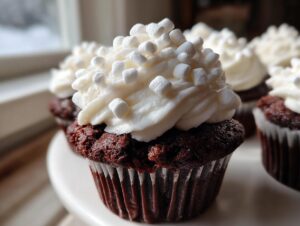 Close-up of a rich, dark chocolate cupcake topped with white frosting and mini marshmallows, perfect for hot chocolate cupcakes.