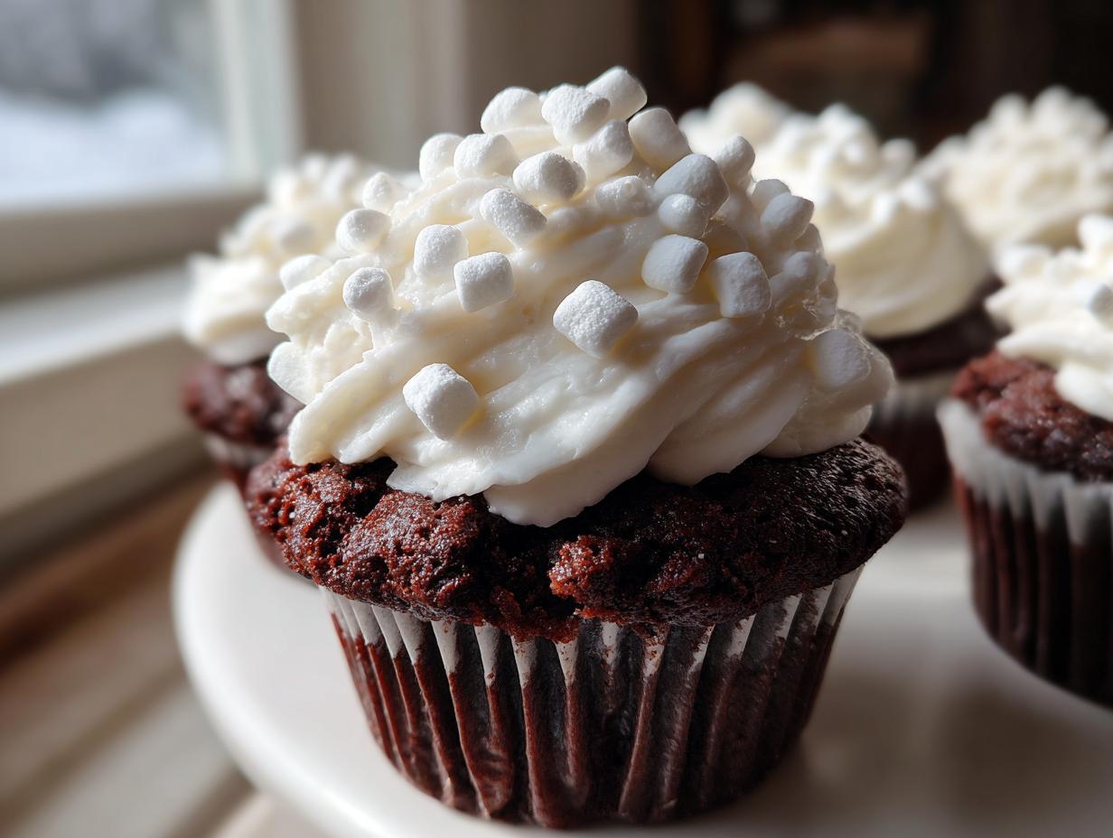 Close-up of a rich, dark chocolate cupcake topped with white frosting and mini marshmallows, perfect for hot chocolate cupcakes.