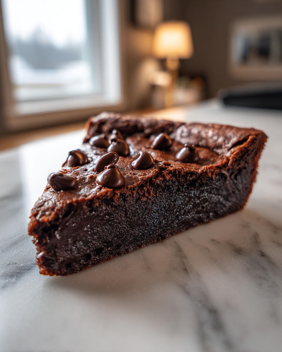 A decadent slice of hot fudge pie, featuring a dense, fudgy interior and topped with melted chocolate chips.