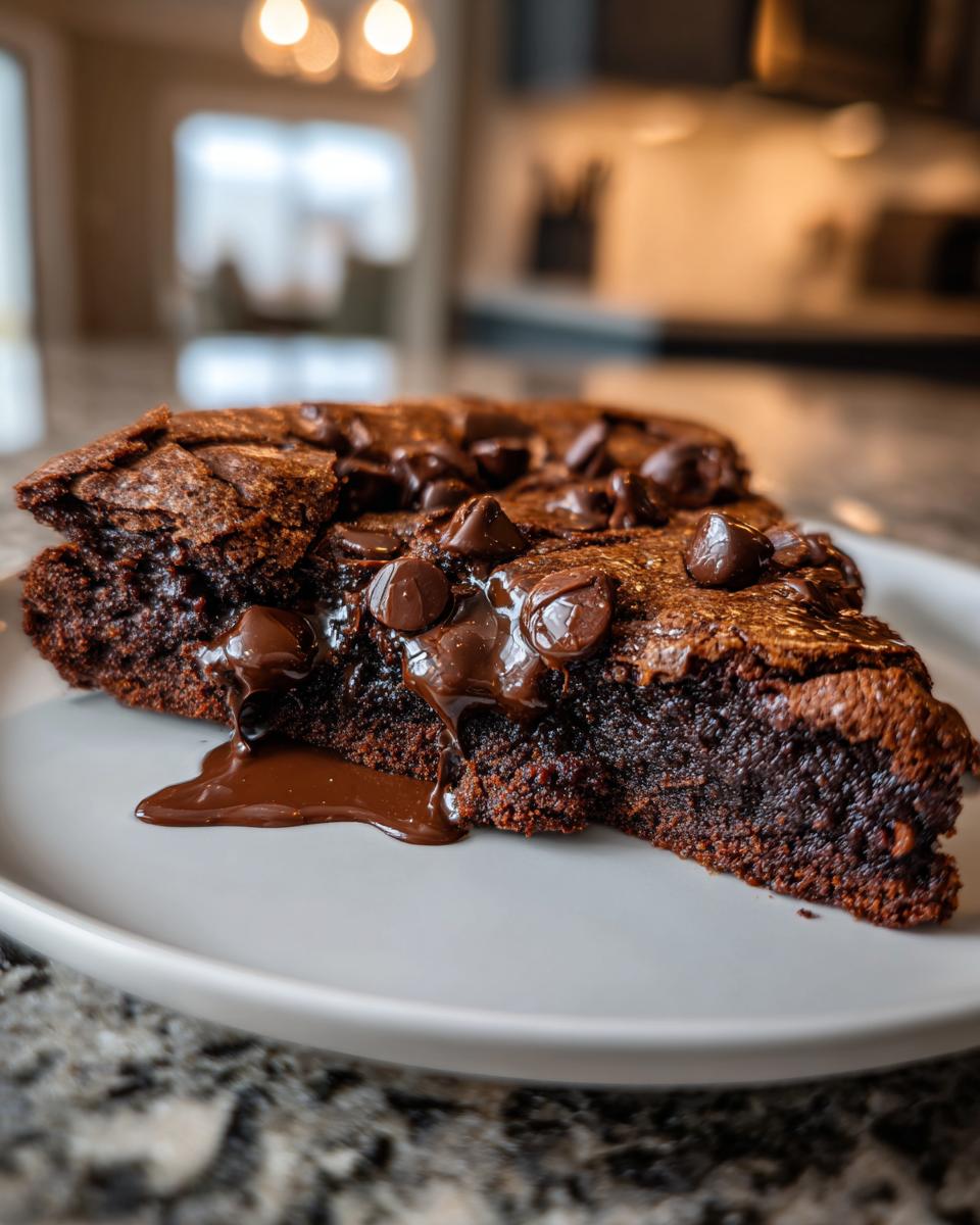 Close-up of a rich, dark slice of hot fudge pie with melted chocolate chips oozing onto a white plate.