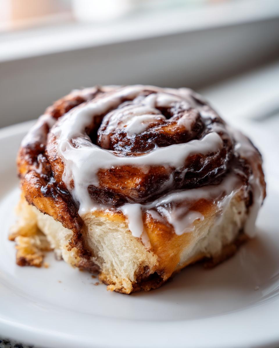 A close-up, vertical shot of a single, freshly baked cinnamon roll topped with white icing.