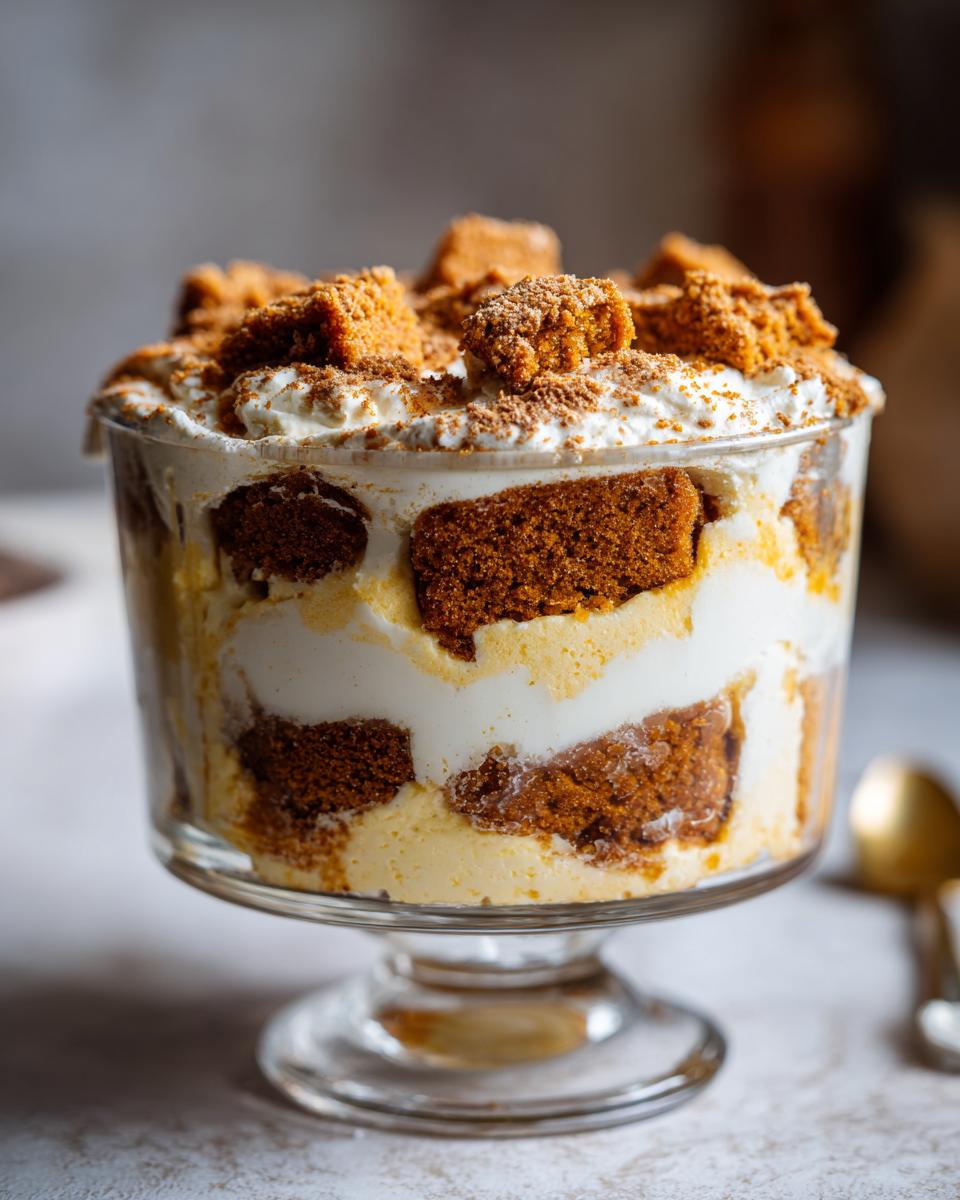 Close-up of a single serving gingerbread trifle layered with cake, cream, and topped with cookie crumbs.