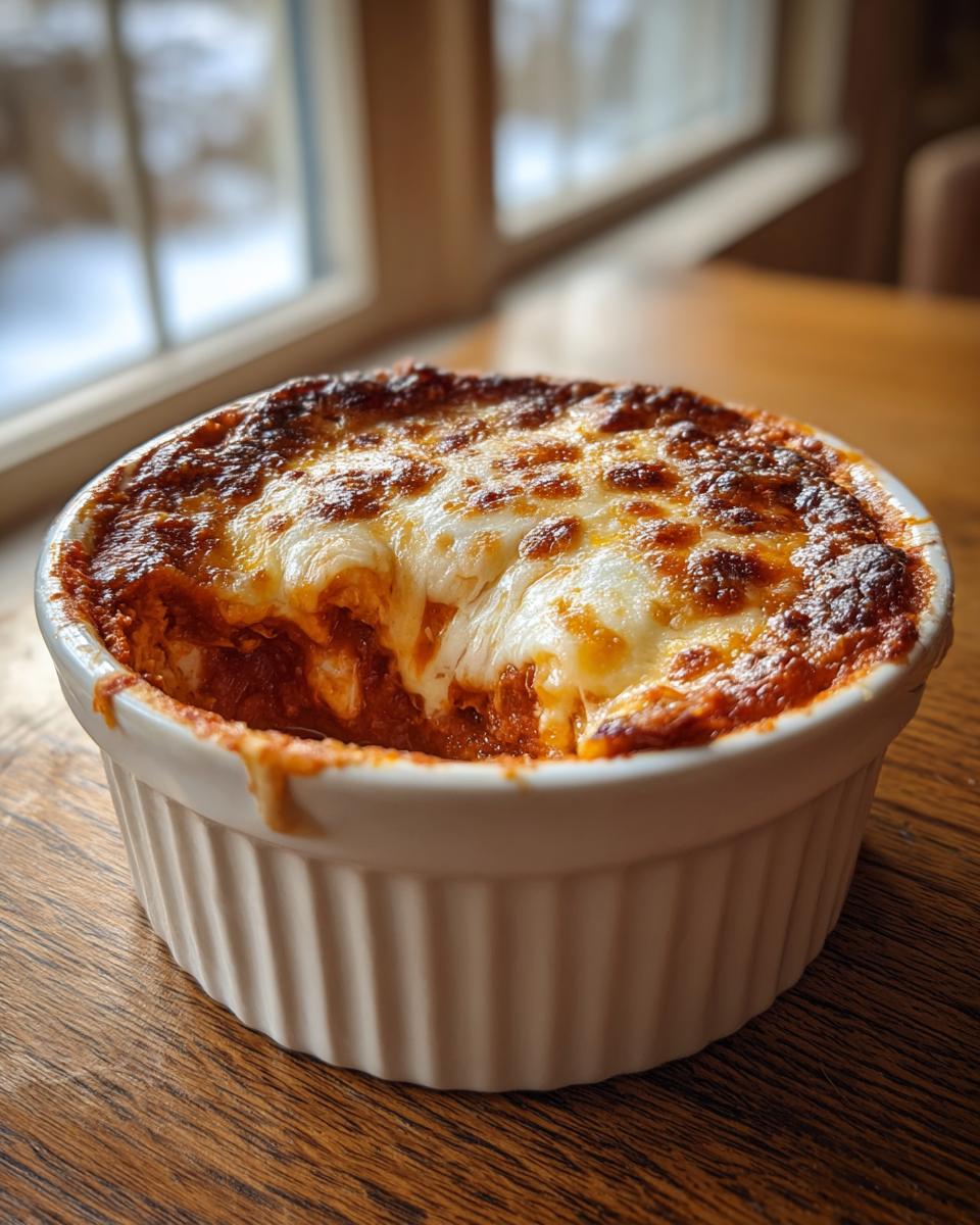 Close-up of a hot, bubbly pizza dip baked in a white ramekin with melted, browned mozzarella cheese.