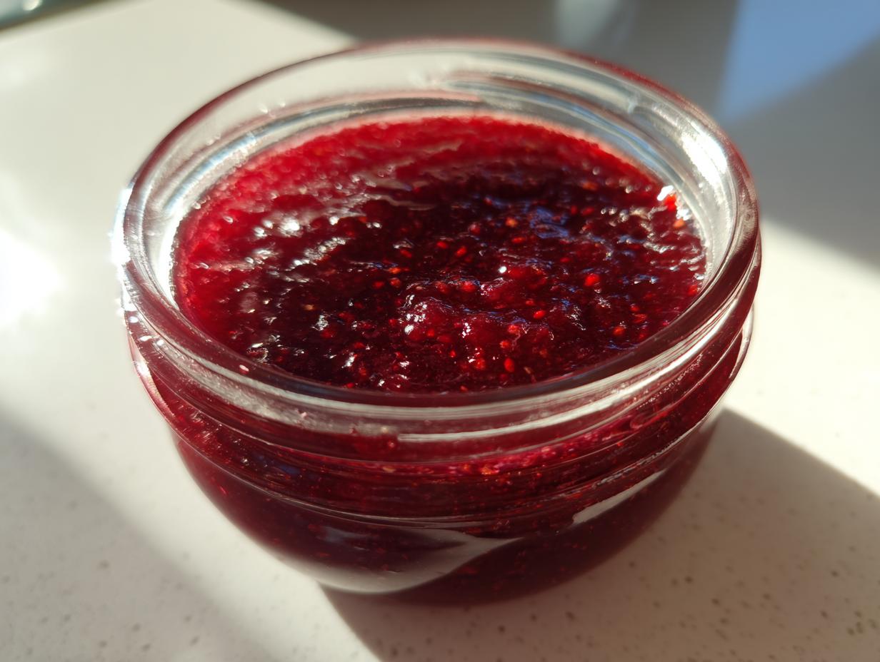 Close-up view of a small glass jar filled with glistening, deep red christmas jam, showing visible seeds.