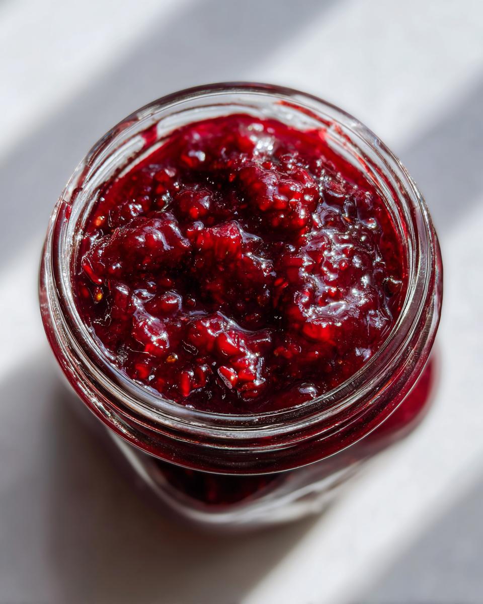 Overhead view of a glass jar filled with chunky, deep red raspberry christmas jam.