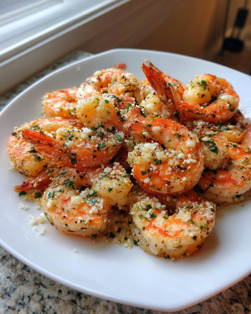 A white plate piled high with perfectly cooked, seasoned air fryer shrimp topped with garlic and fresh parsley.