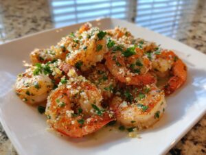 Close-up of juicy air fryer shrimp seasoned with garlic, Parmesan, and fresh parsley on a white plate.