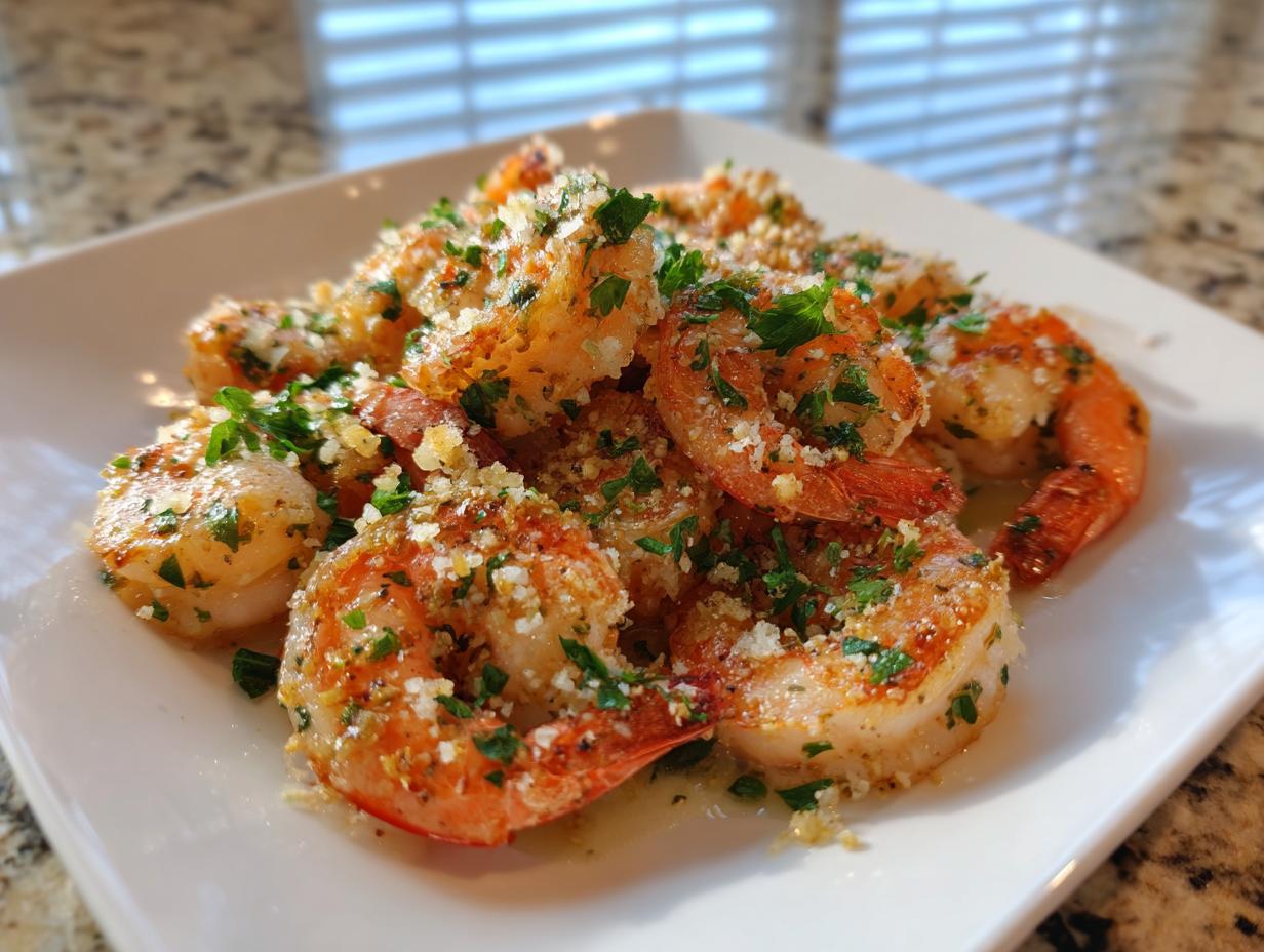 Close-up of juicy air fryer shrimp seasoned with garlic, Parmesan, and fresh parsley on a white plate.