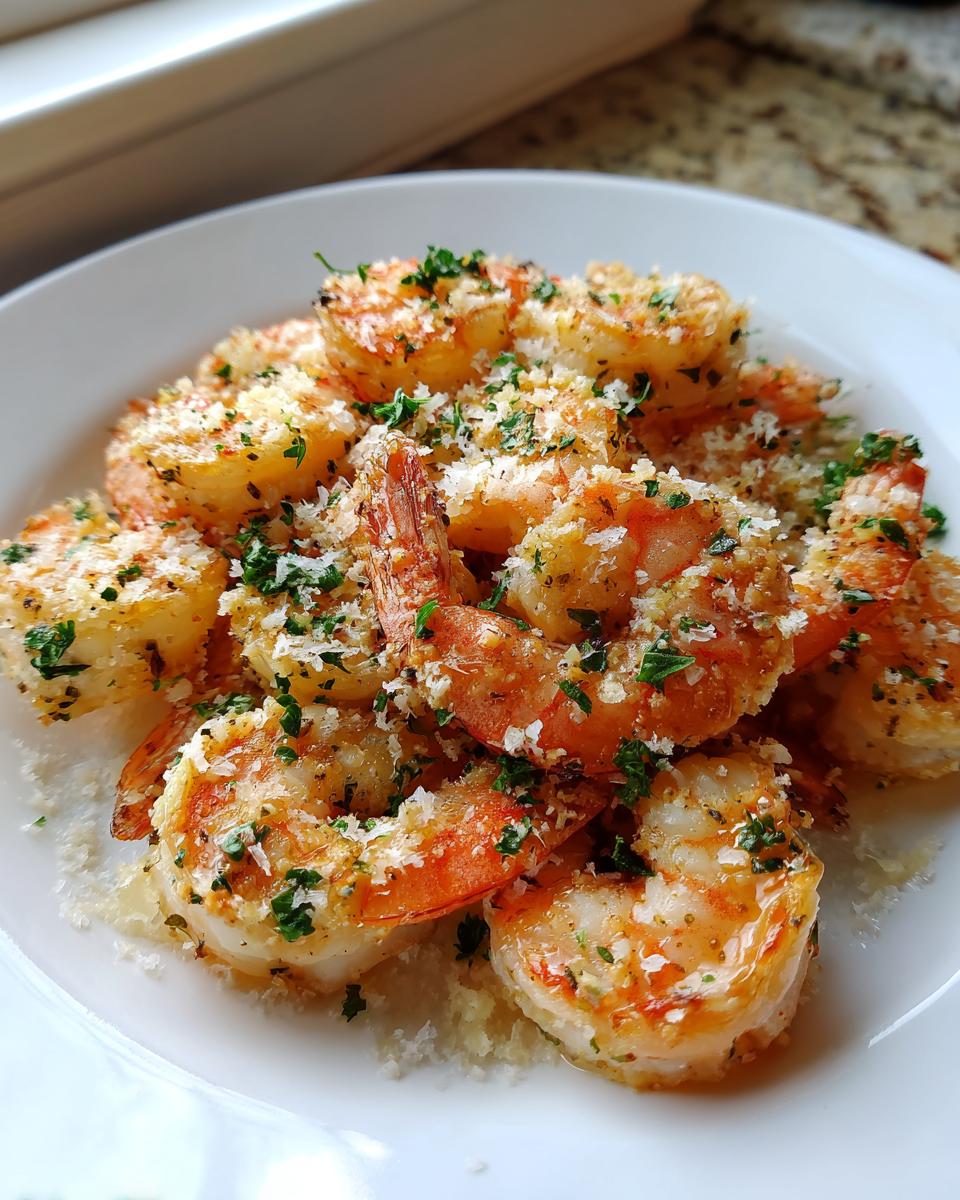 Close-up of juicy air fryer shrimp seasoned with parmesan cheese and fresh parsley on a white plate.