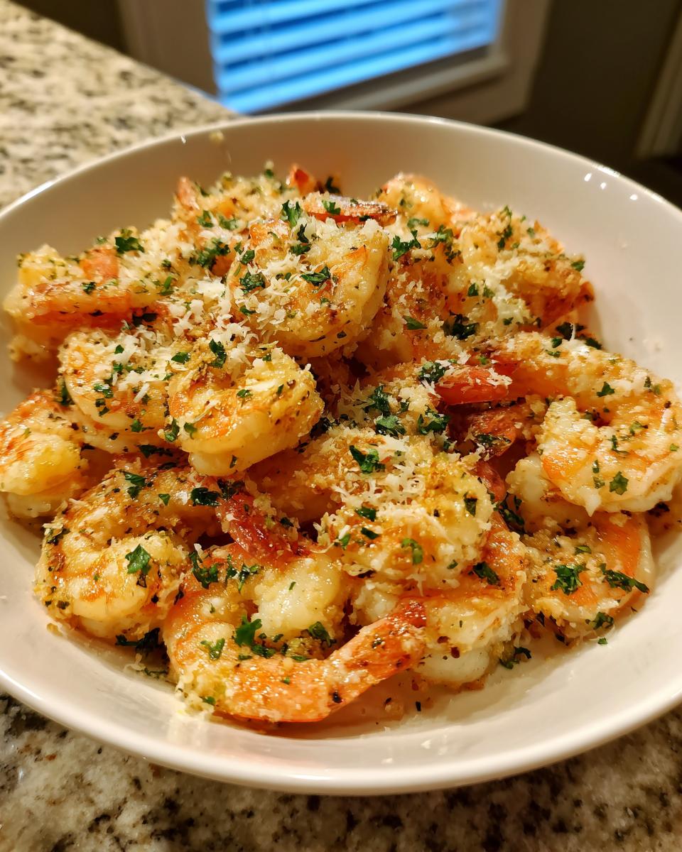 A white bowl filled with juicy air fryer shrimp topped with grated Parmesan cheese and fresh parsley.