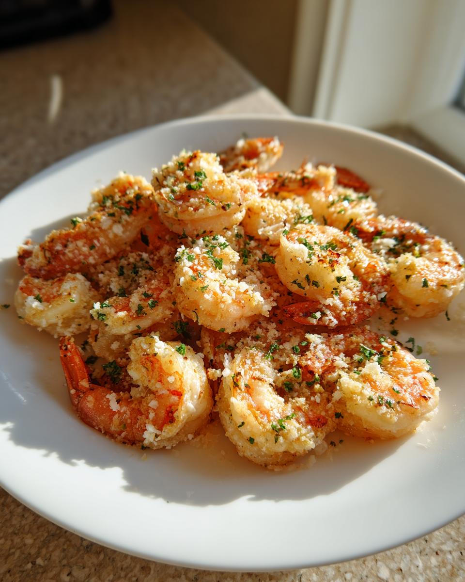 A white plate piled high with crispy, seasoned air fryer shrimp topped with breadcrumbs and fresh parsley.