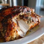 Close-up of a perfectly roasted turkey breast, sliced to show juicy white meat coated in garlic herb butter.