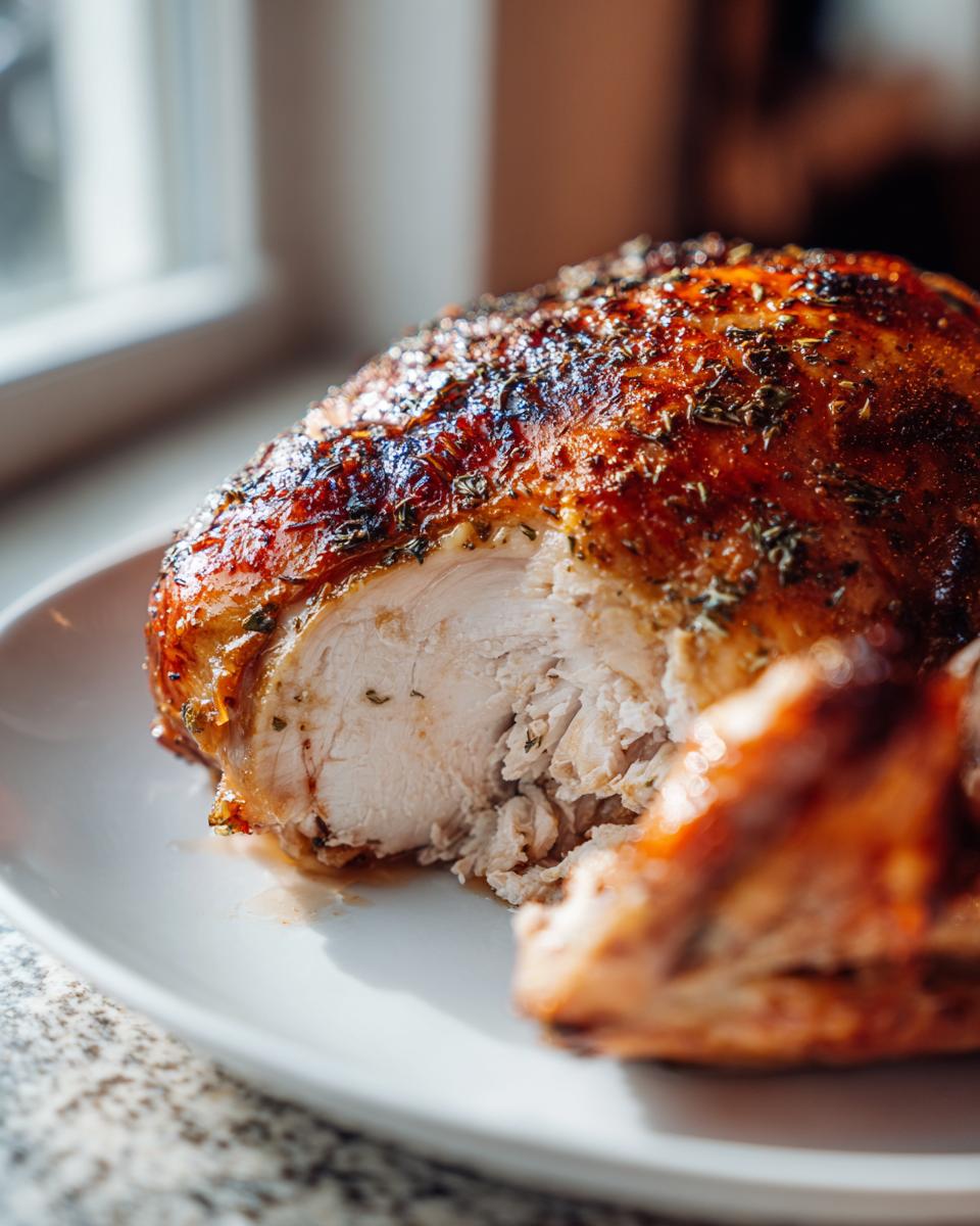 Close-up of a perfectly cooked, juicy garlic herb butter turkey breast, sliced to show moist white meat.