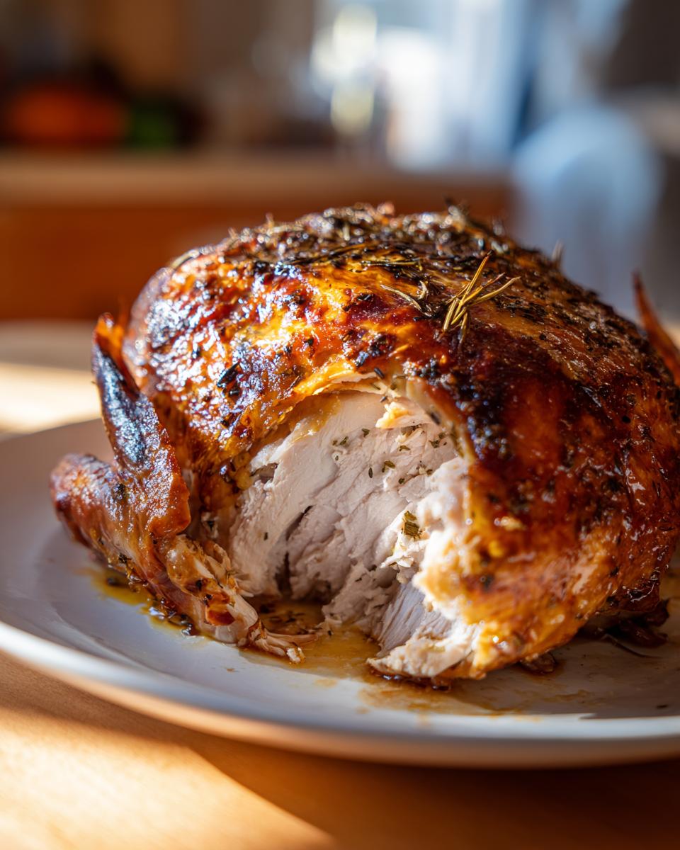Close-up of a perfectly roasted turkey with golden-brown, herb-crusted skin, showing a slice carved out to reveal moist white breast meat.