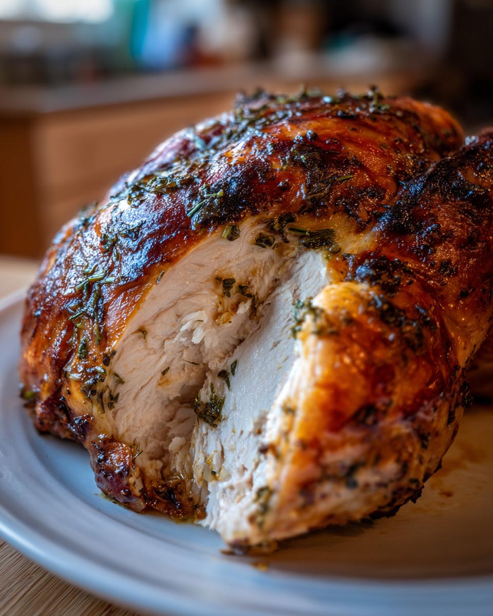 Close-up of a perfectly cooked, juicy turkey breast, sliced to show moist white meat coated in garlic herb butter.