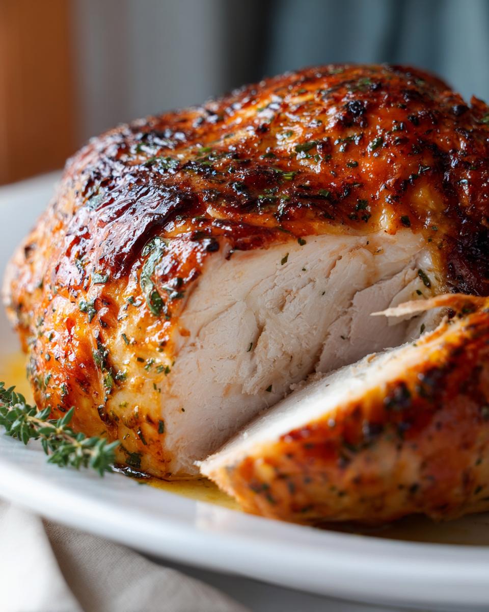 Close-up of a slice cut from a juicy garlic herb butter turkey breast showing moist white meat and browned skin.