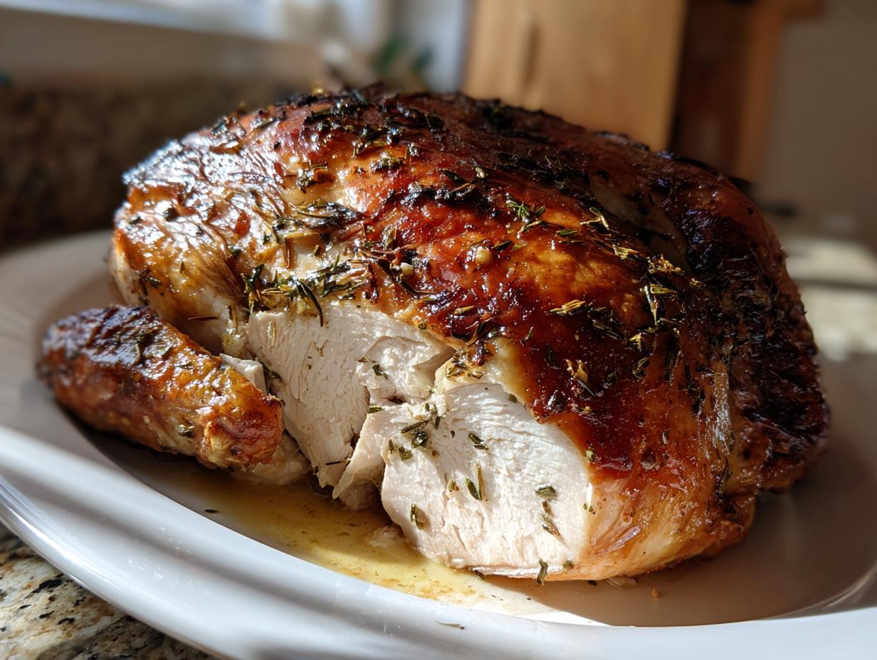 A close-up of a perfectly roasted turkey with glossy, herb-crusted skin, showing a slice of the juicy white meat.