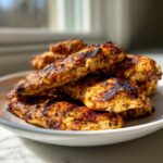 A close-up of several pieces of perfectly grilled greek chicken, showing char marks and a rich seasoning blend, piled on a white plate.