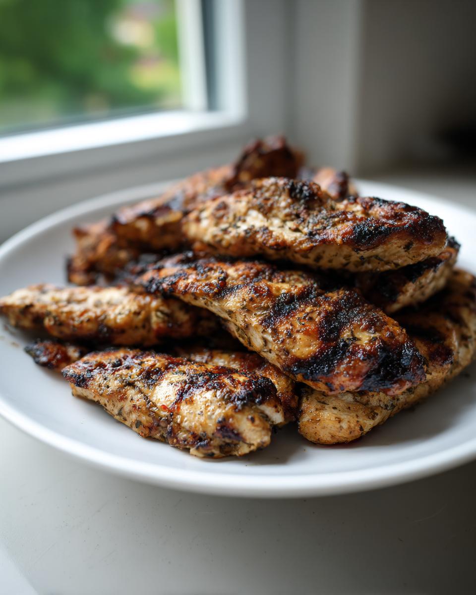 A stack of perfectly grilled, seasoned greek chicken tenders piled high on a white plate near a window.