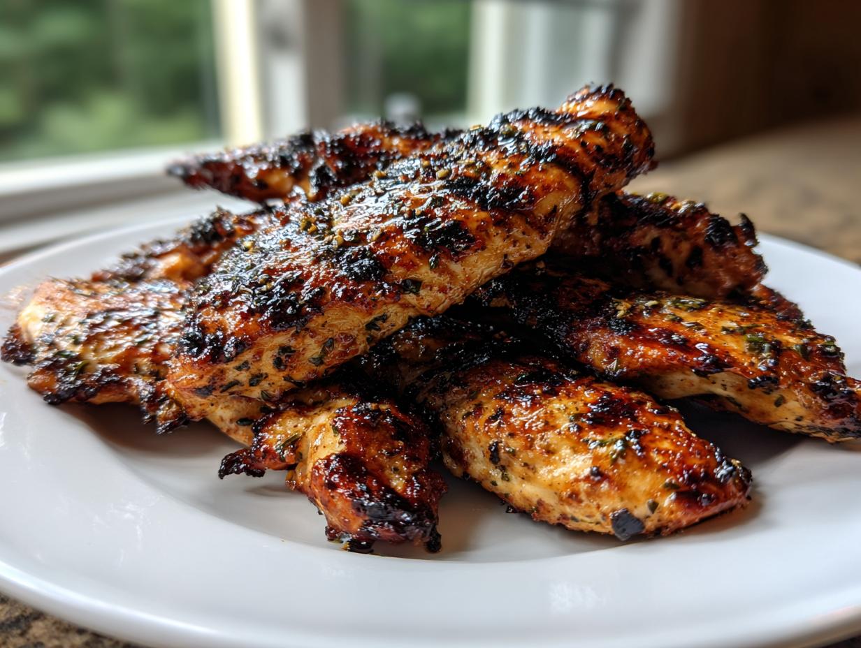 A stack of perfectly grilled, caramelized greek chicken tenders seasoned with herbs on a white plate.