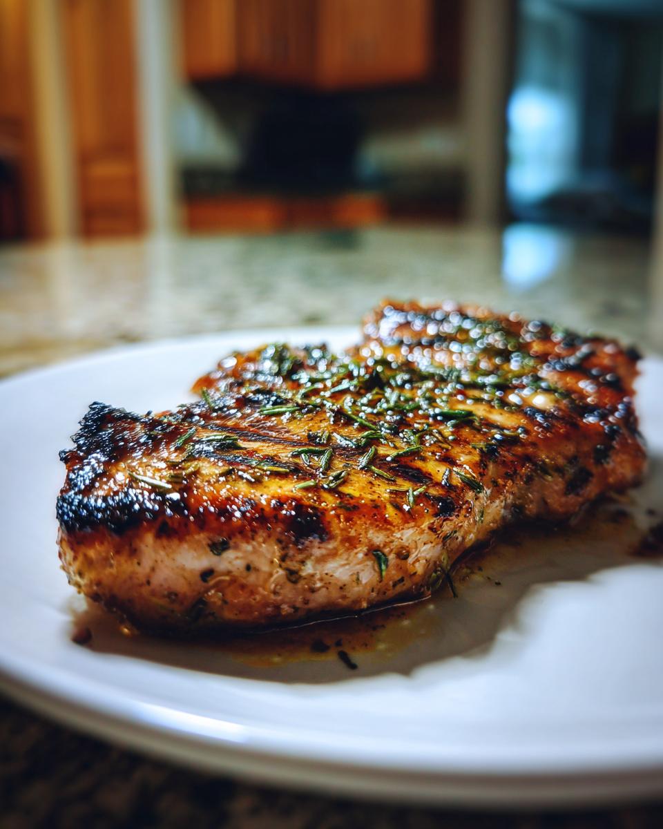 Close-up of a perfectly grilled chicken breast topped with fresh rosemary, showing char marks from the amazing grilled chicken marinade.