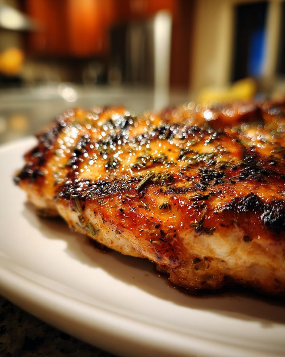 Close-up of perfectly grilled chicken breast coated in a shiny, herb-flecked grilled chicken marinade.