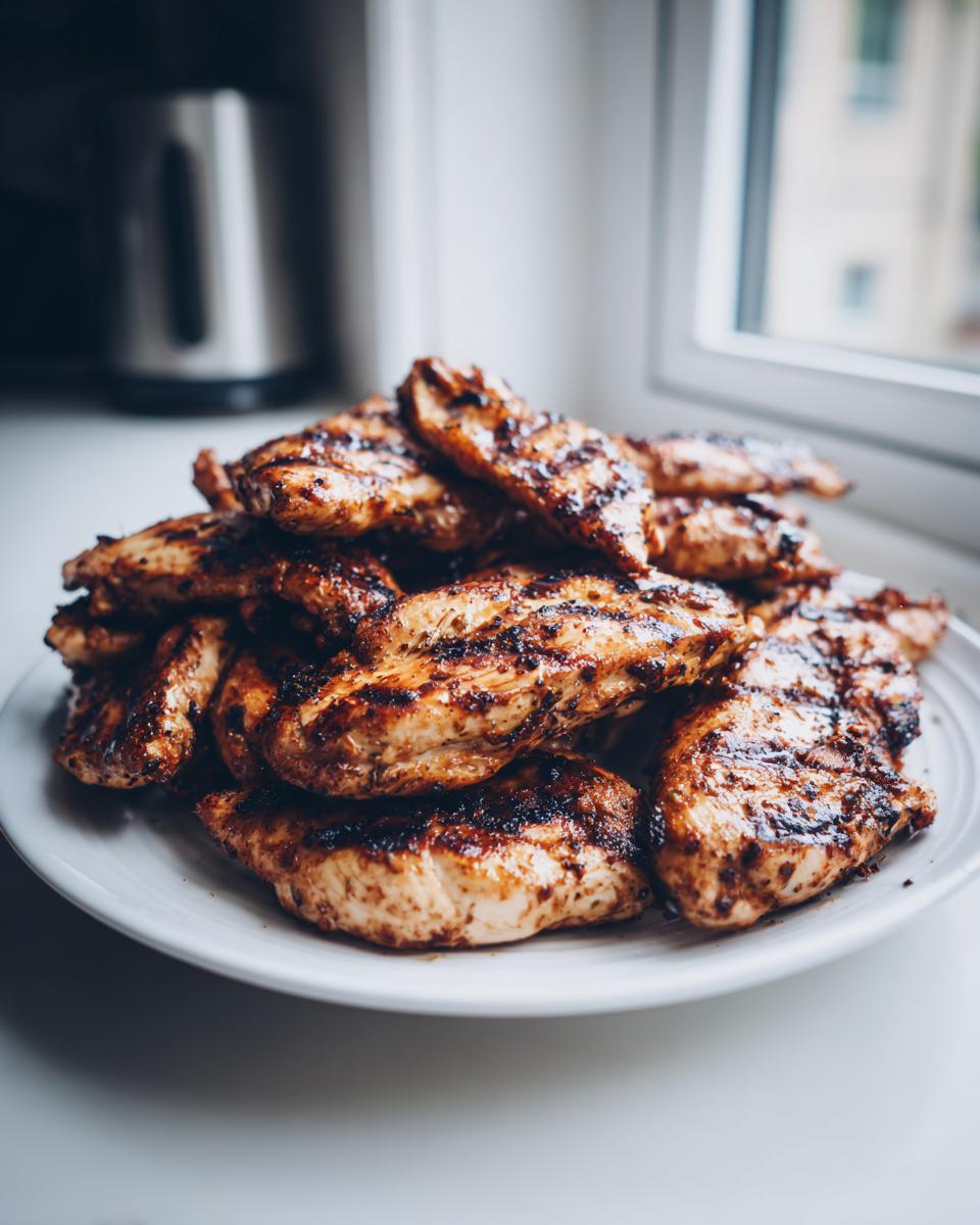 A pile of perfectly grilled, juicy greek chicken tenders stacked high on a white plate near a window.