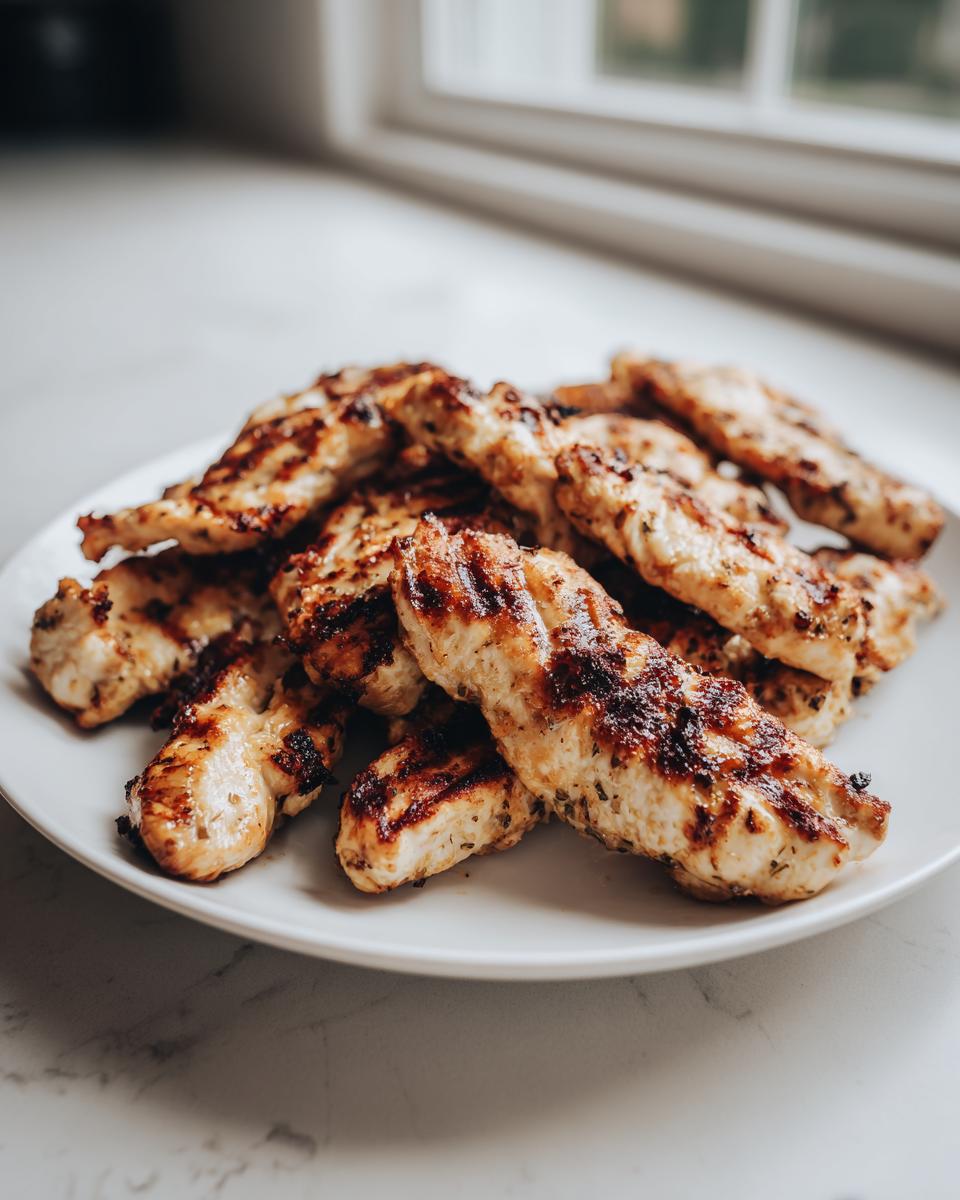 A pile of perfectly grilled greek chicken tenders with visible char marks served on a white plate.