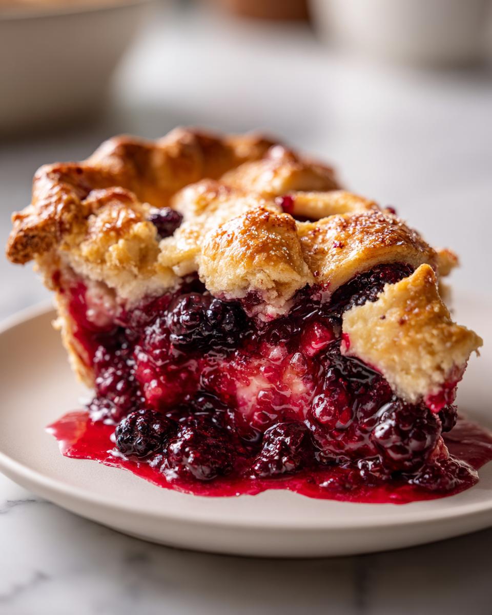 A close-up of a thick slice of berry pie showing bubbling, deep red filling and a flaky, golden crust.