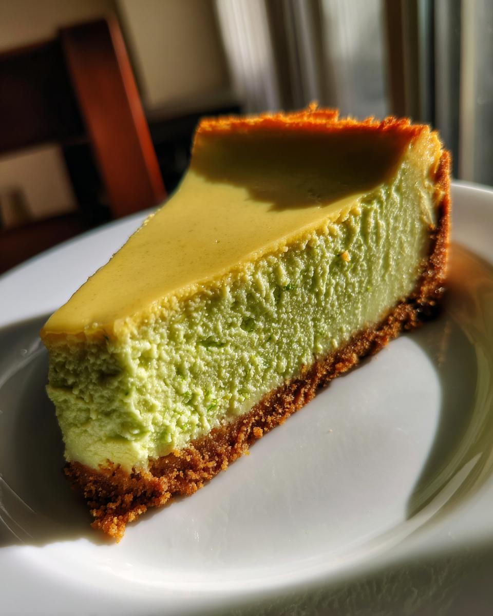 A vibrant, light green slice of key lime cheesecake with a thick graham cracker crust served on a white plate.