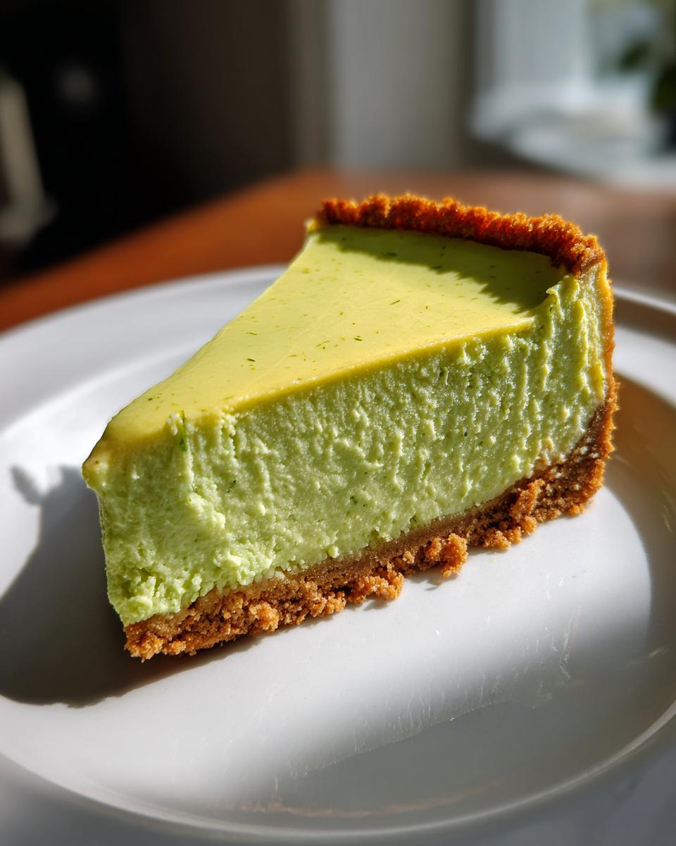 A single, vibrant green slice of key lime cheesecake sits on a white plate, showing a thick graham cracker crust.