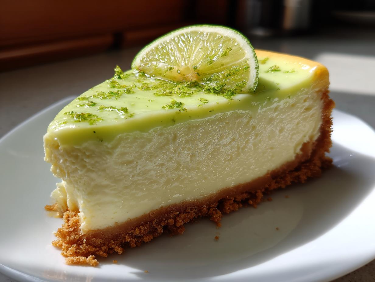 A close-up of a rich slice of key lime cheesecake on a white plate, topped with lime glaze and zest.