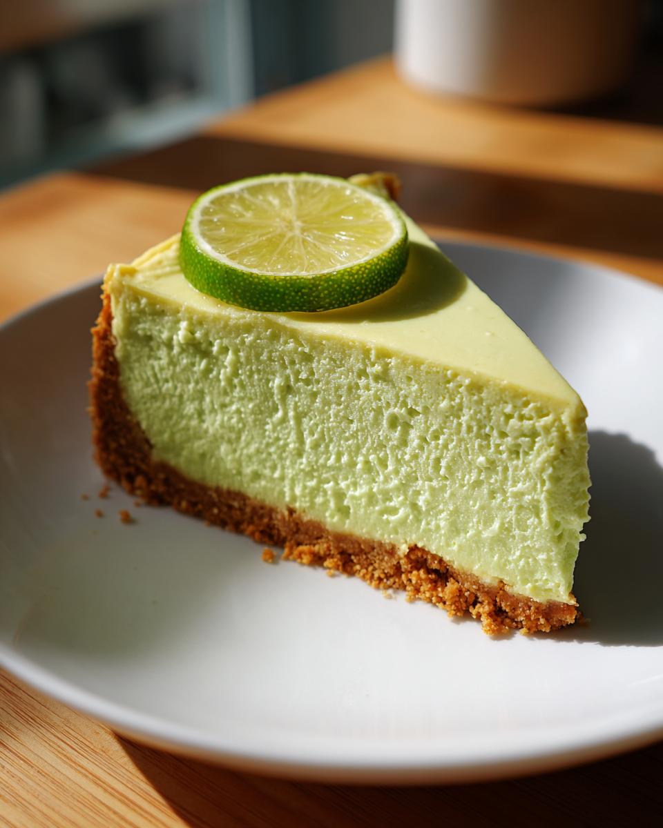 A vibrant slice of creamy key lime cheesecake with a graham cracker crust, topped with a fresh lime wheel.