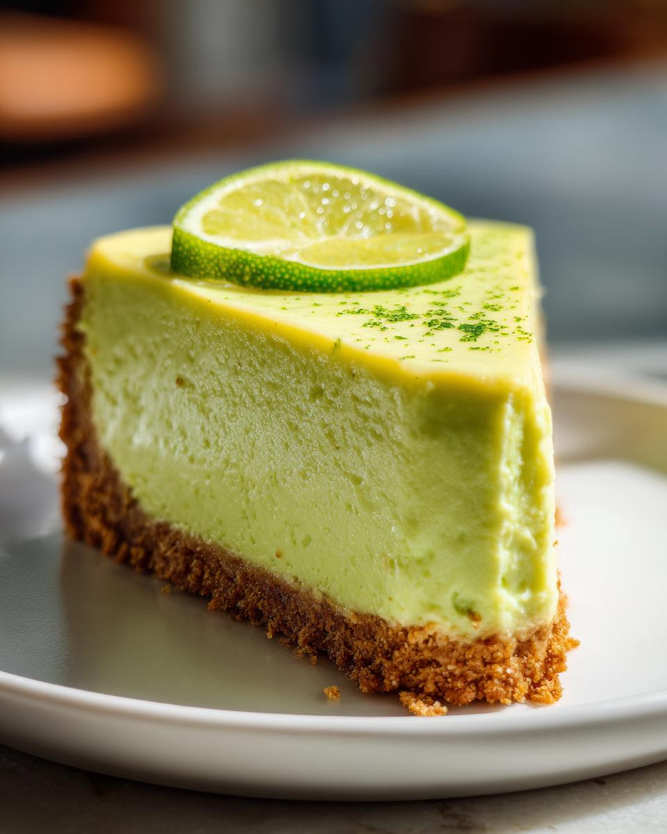 A vibrant slice of creamy, light green key lime cheesecake with a graham cracker crust, topped with a lime wheel.