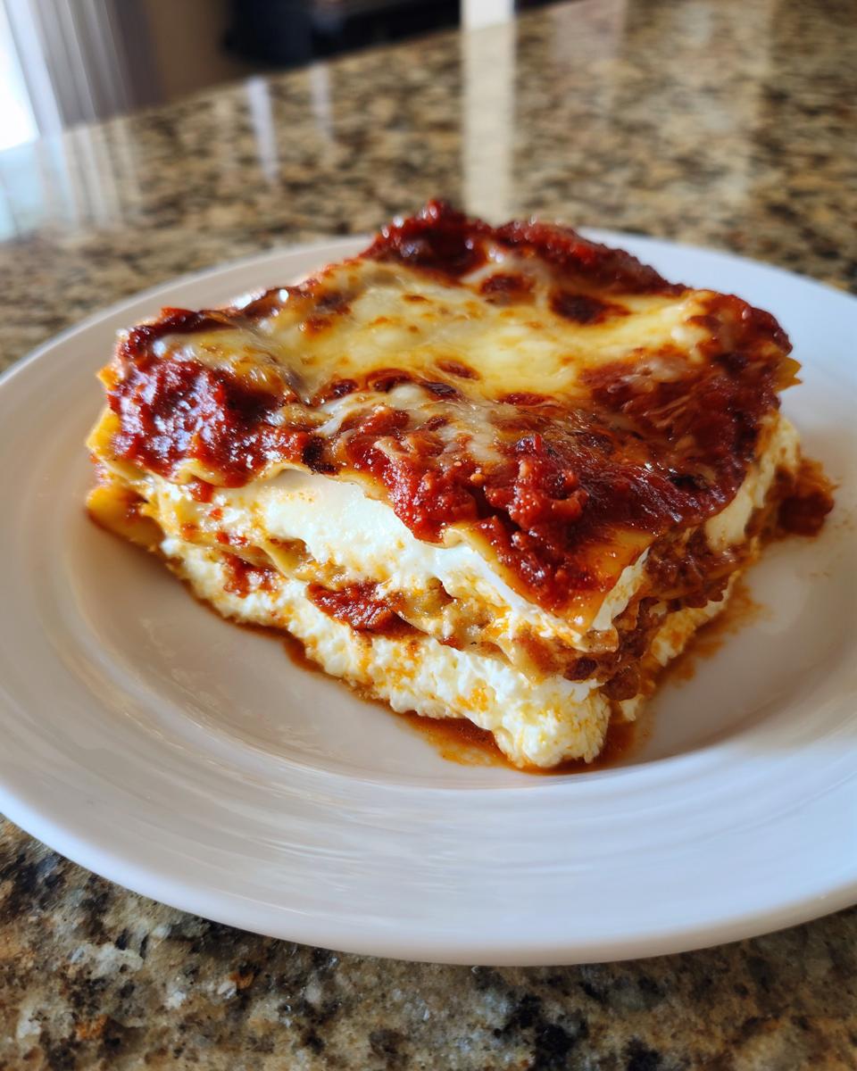 A perfect square slice of Lasagna with Cottage Cheese showing layers of pasta, white cheese filling, and rich tomato sauce with melted mozzarella topping.