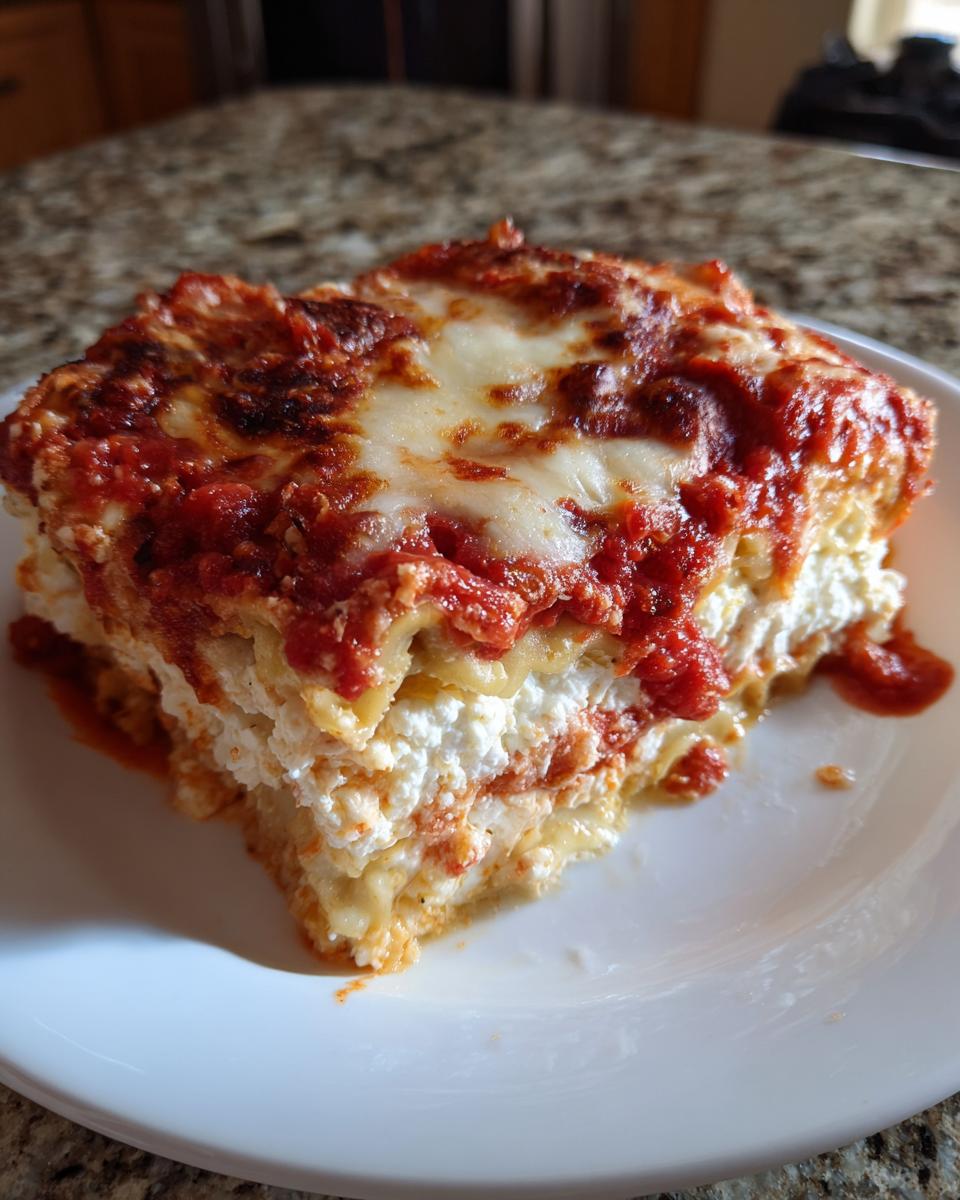 A generous slice of Lasagna with Cottage Cheese showing layers of pasta, white cottage cheese filling, and topped with red sauce and melted cheese.